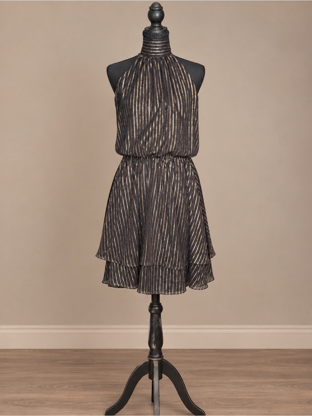 Commense Black & Gold Metallic Stripe Halter Mini Dress Size S – NWT